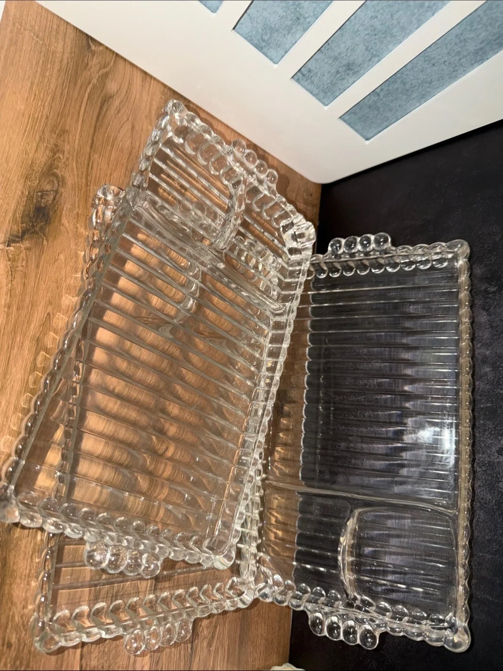 Vintage Clear Glass Vanity Tray with Built-In Cup Holder by.   Set of 3